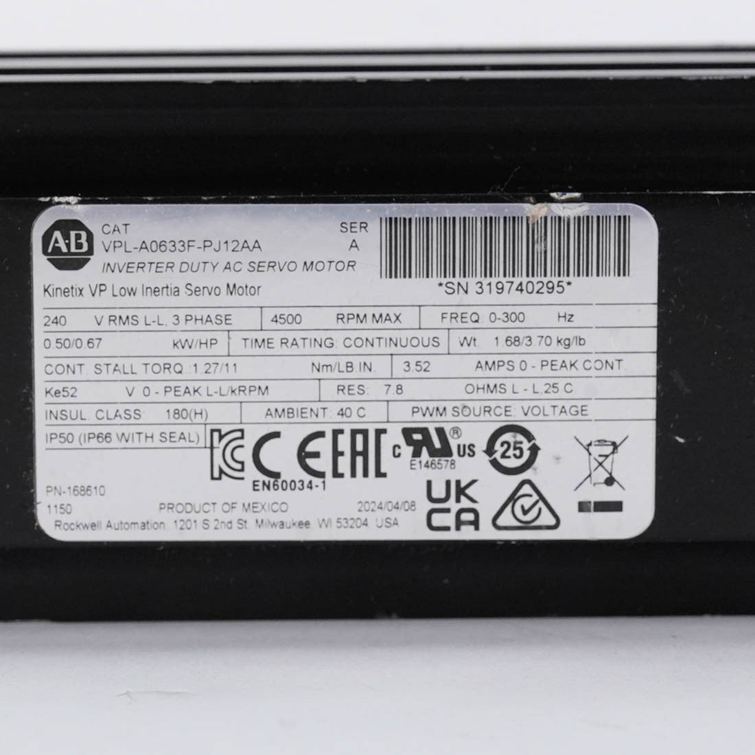 Allen Bradley VPL-A0633F-PJ12AA Ser A Kinetix VPL Servo Motor 100mm 1.1kW 230V