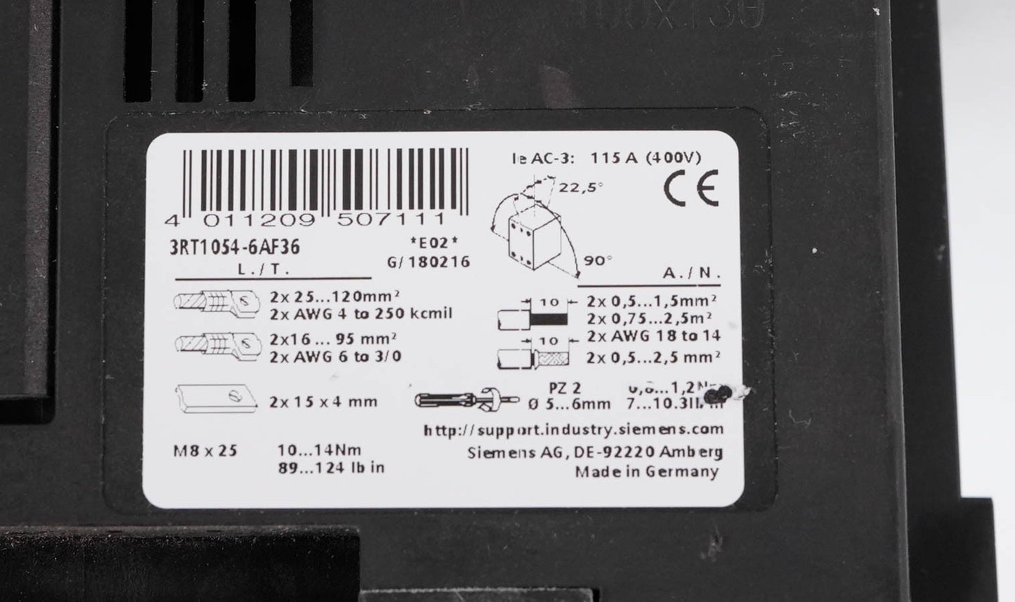 Siemens 3RT1054-6AF36 Sirius Contactor 3-Pole 115A 110-127V AC/DC 3RT10546AF36
