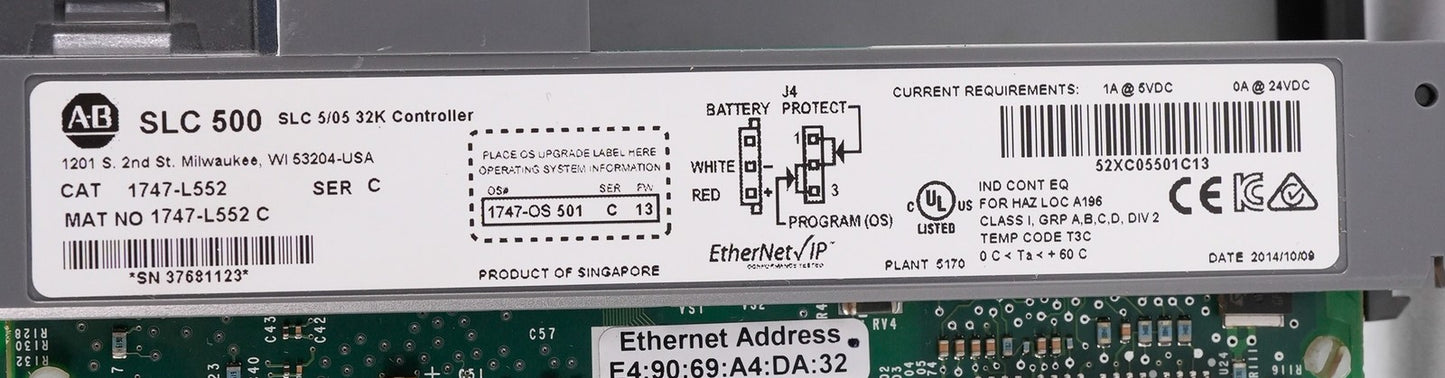 Allen Bradley 1747-L552 /C SLC 500 5/05 Processor 32K 1747L552 Ethernet Ser C