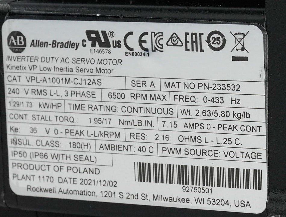 Allen Bradley VPL-A1001M-CJ12AS /A Inverter Duty AC Servo Motor Low Intertia