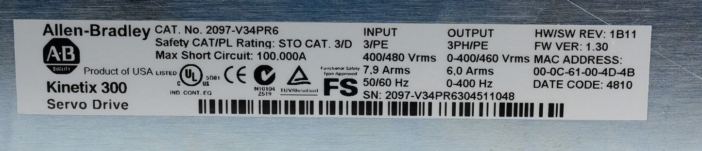 Allen Bradley 2097-V34PR6 /A Kinetix 300 Servo Drive 2097V34PR6 - NOS / Open Box