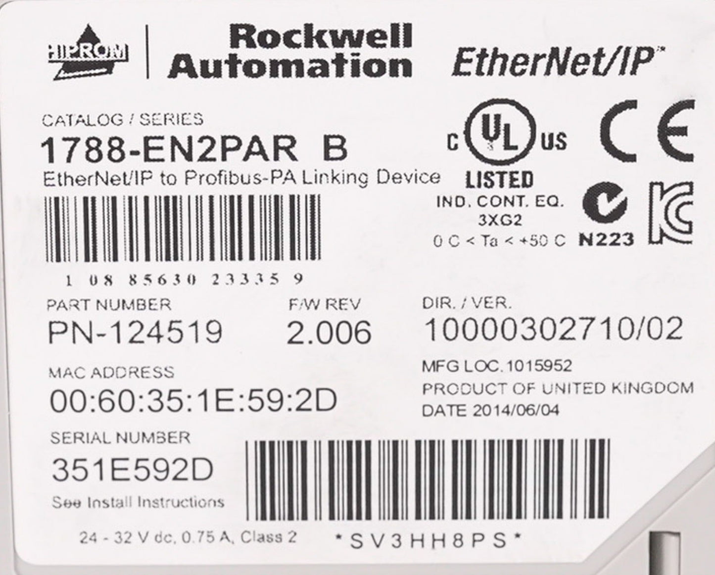 Allen-Bradley 1788-EN2PAR /B EtherNet/IP to PROFIBUS PA Linking Device +Warranty
