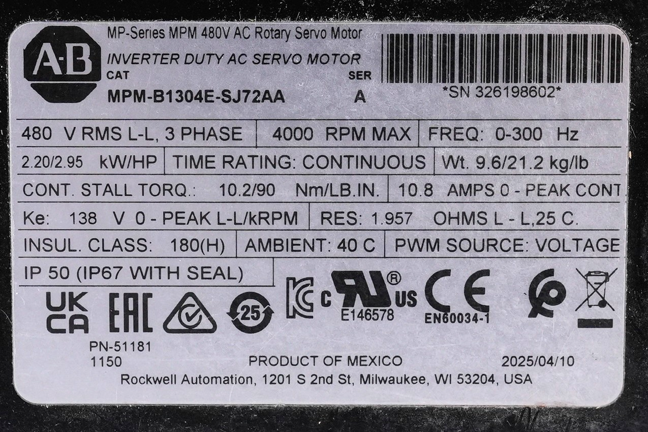Allen Bradley MPM-B1304E-SJ72AA /A 3-Phase Inverter Duty AC Servo Motor No Box