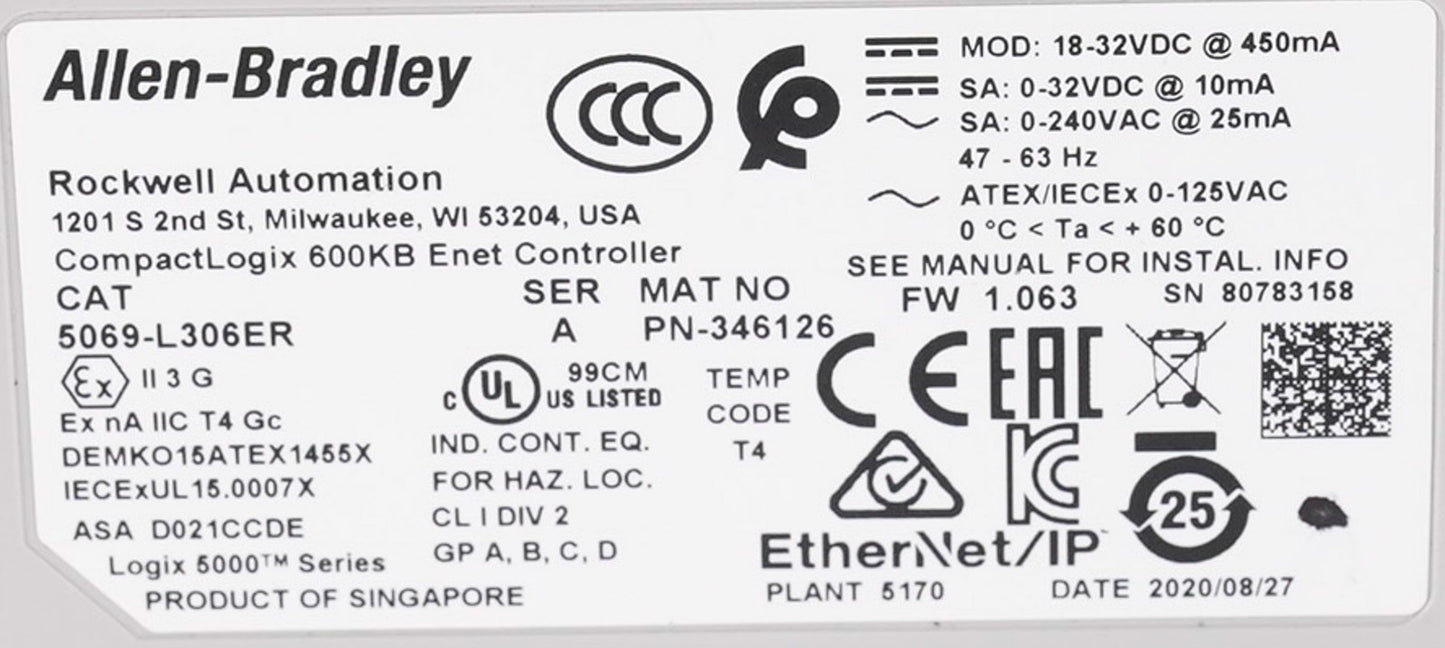 Allen Bradley 5069-L306ER /A CompactLogix 5380 0.6MB Controller 5069L306ER