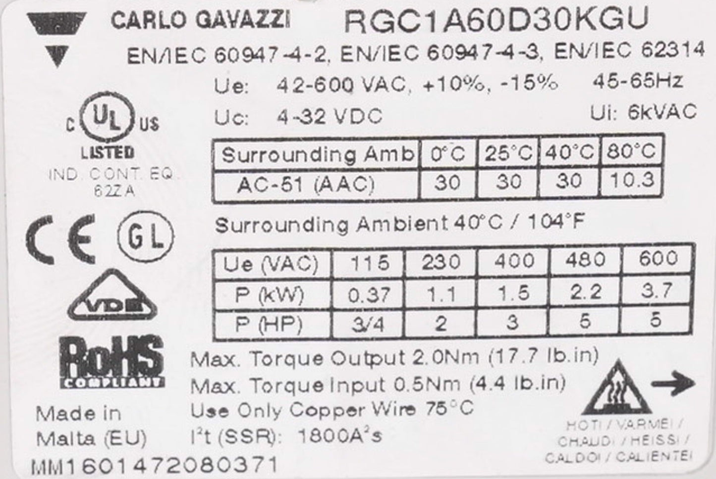 Carlo Gavazzi RGC1A60D30KGU Solid State Relay 1-Pole 600VAC 30A 4-32VDC
