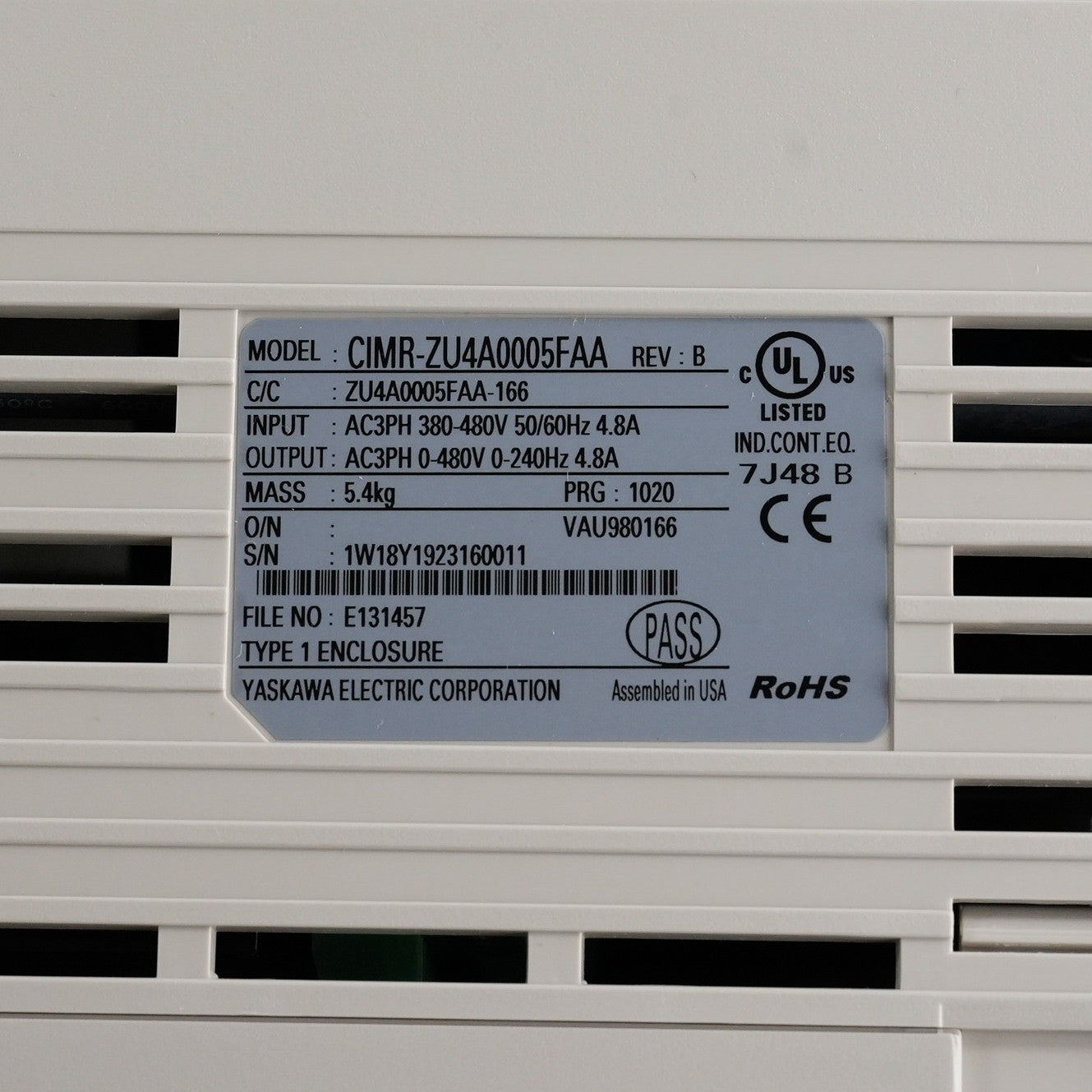 Yaskawa CIMR-ZU4A0005FAA Rev B Z1000 Drive 480V 4.8A CIMRZU4A0005FAA