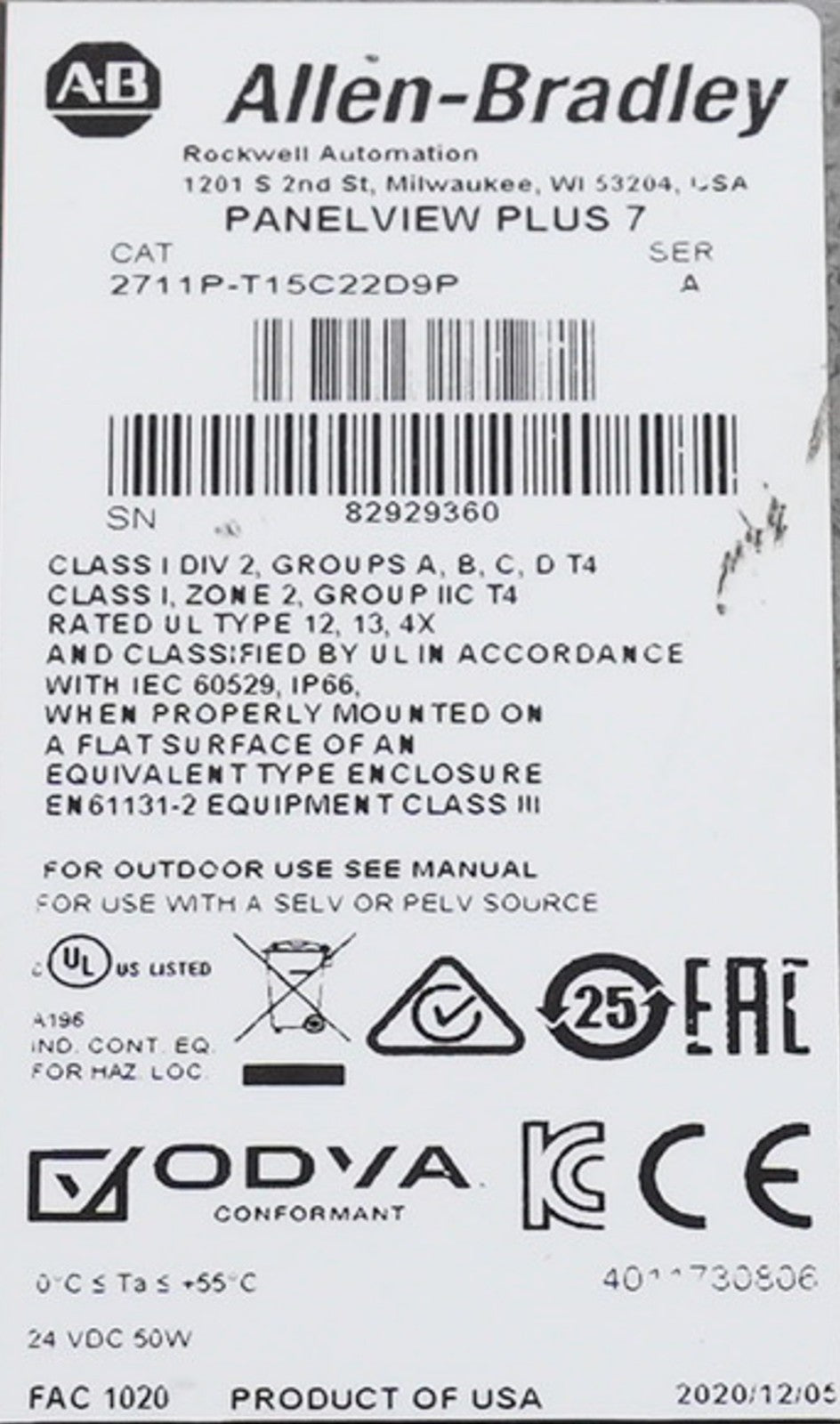 Allen Bradley 2711P-T15C22D9P /A PanelView Plus 7 15" HMI 2711PT15C22D9P