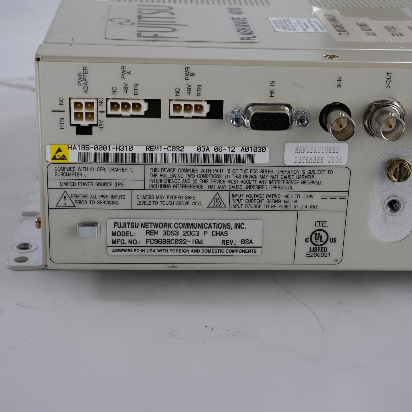 Fujitsu Flashwave 4010 Chassis REM 3DS3 20C3 P CHAS FC9688C032-I04 REV: 03A