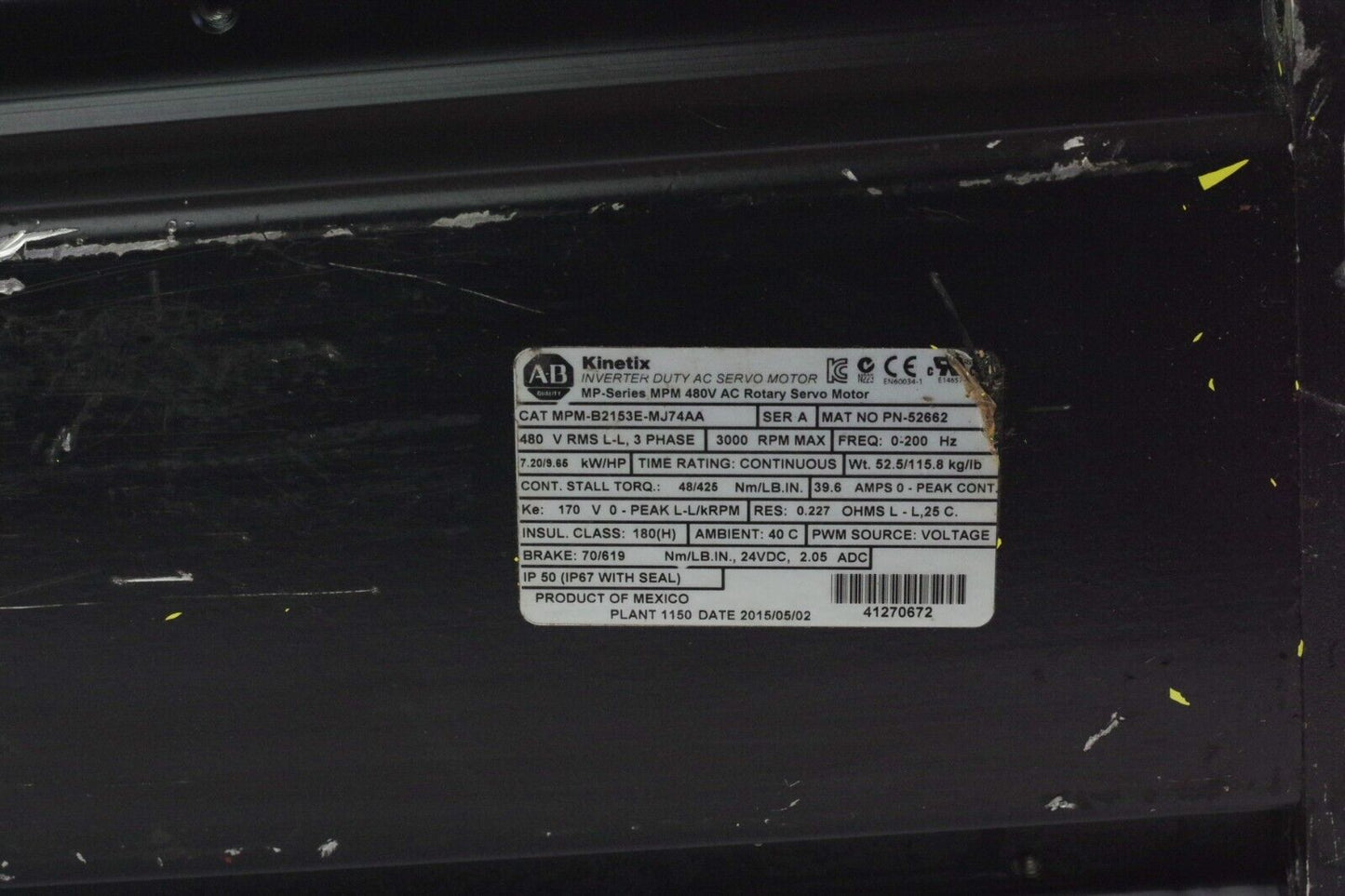 Allen Bradley MPM-B2153E-MJ74AA Ser A Servo Motor 3000RPM 3-Phase 480V 0-200Hz