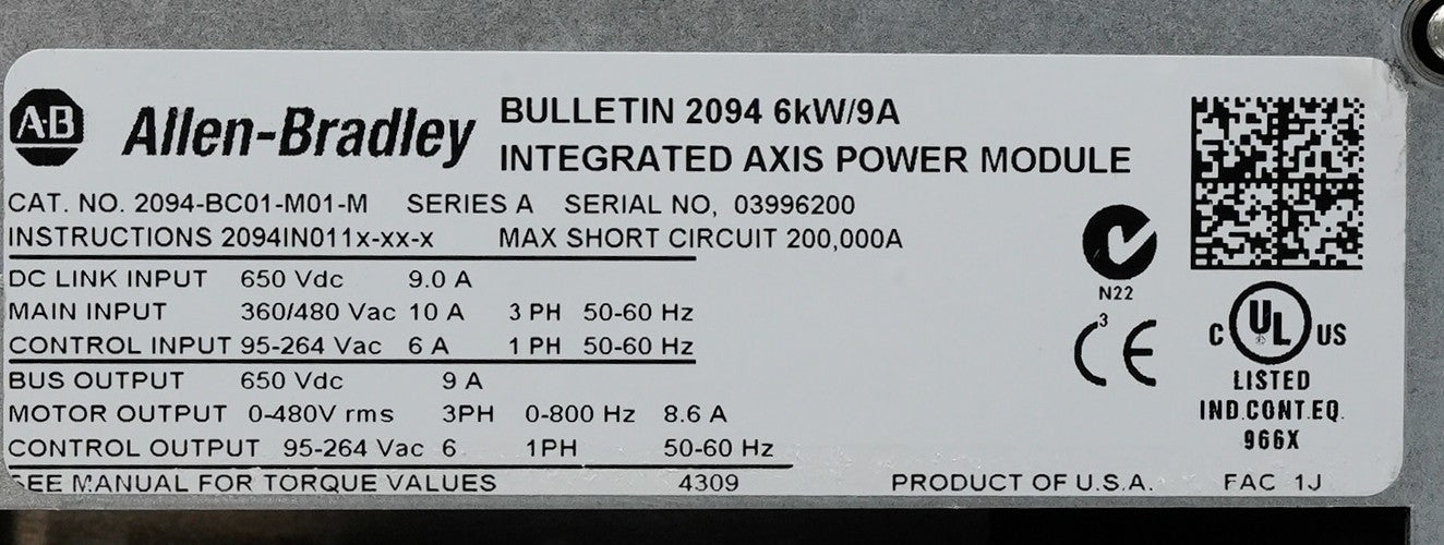 Allen Bradley 2094-BC01-M01-M /A Kinetix 6500 Integrated Axis Power Module