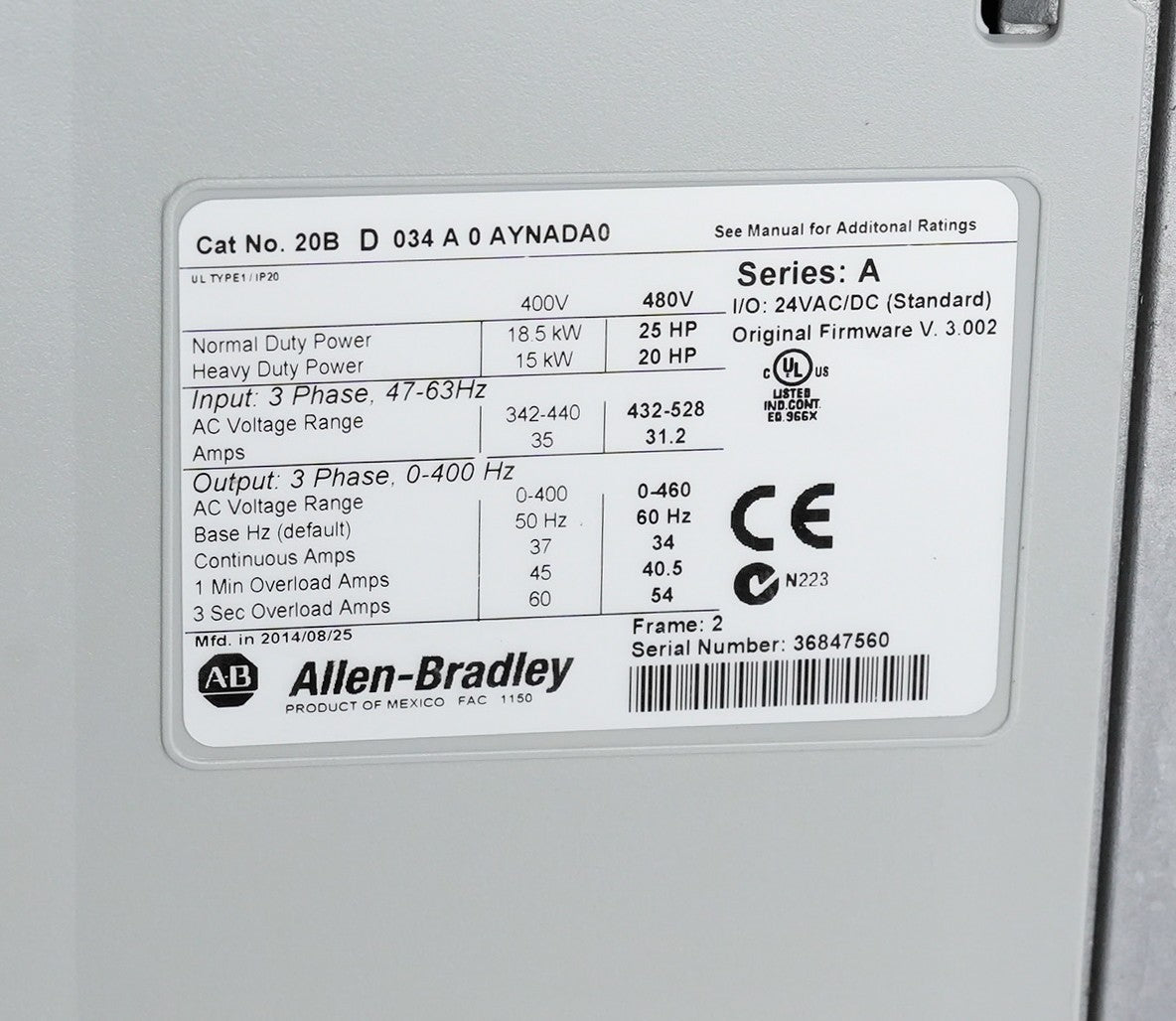 Allen Bradley 20BD034A0AYNADA0 /A PowerFlex 700 Drive 20B D 034 A0AYNADA0 25HP