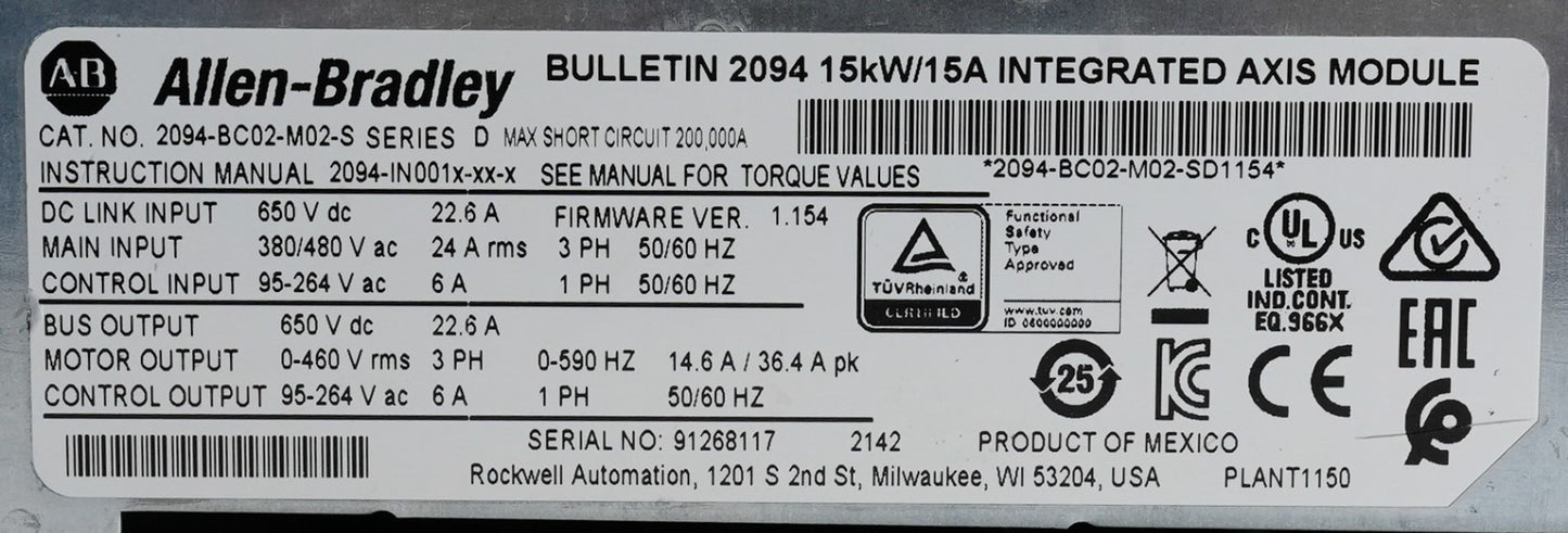 Allen Bradley 2094-BC02-M02-S /D Kinetix 6000 Axis Module Ser D + 1 Yr Warranty