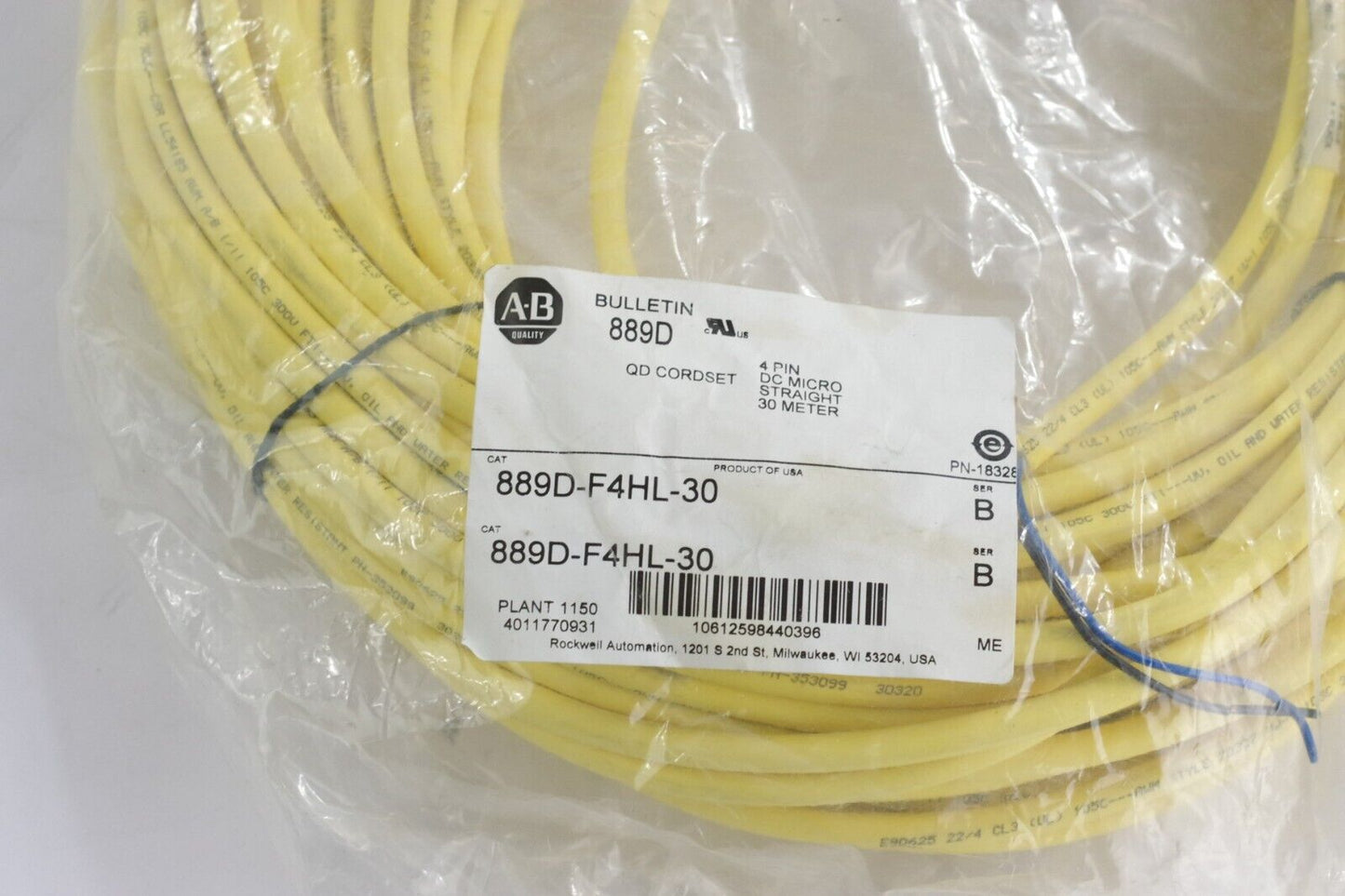 Allen Bradley 889D-F4HL-30 /B QD Cordset 4-Pin DC Micro Straight 30m - Sealed