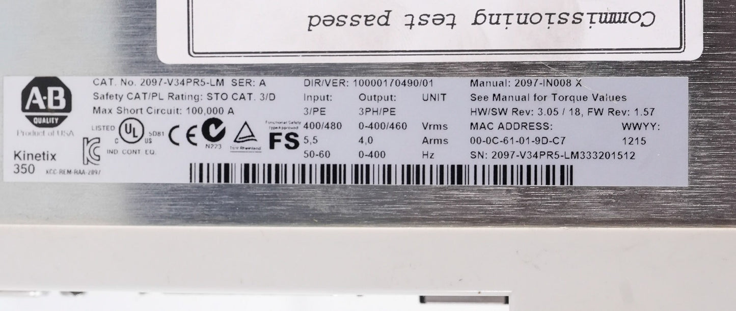 Allen Bradley 2097-V34PR5-LM /A Kinetix 350 AC Servo Drive 3-Phase 2097V34PR5LM