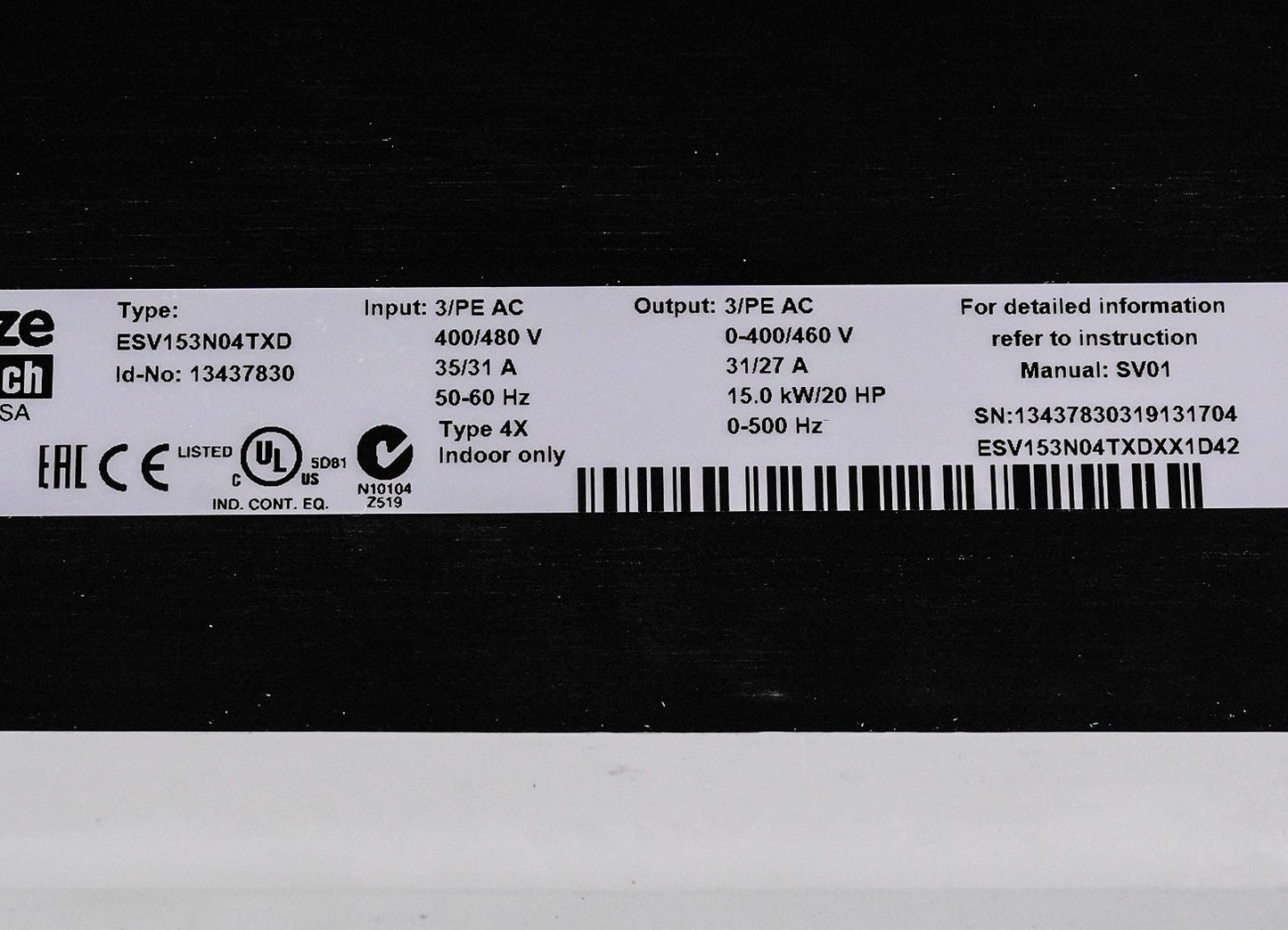 Lenze AC Tech ESV153N04TXD / ESV153N04TXDXX1D42 Inverter 3/PE AC 480V 20hp Drive