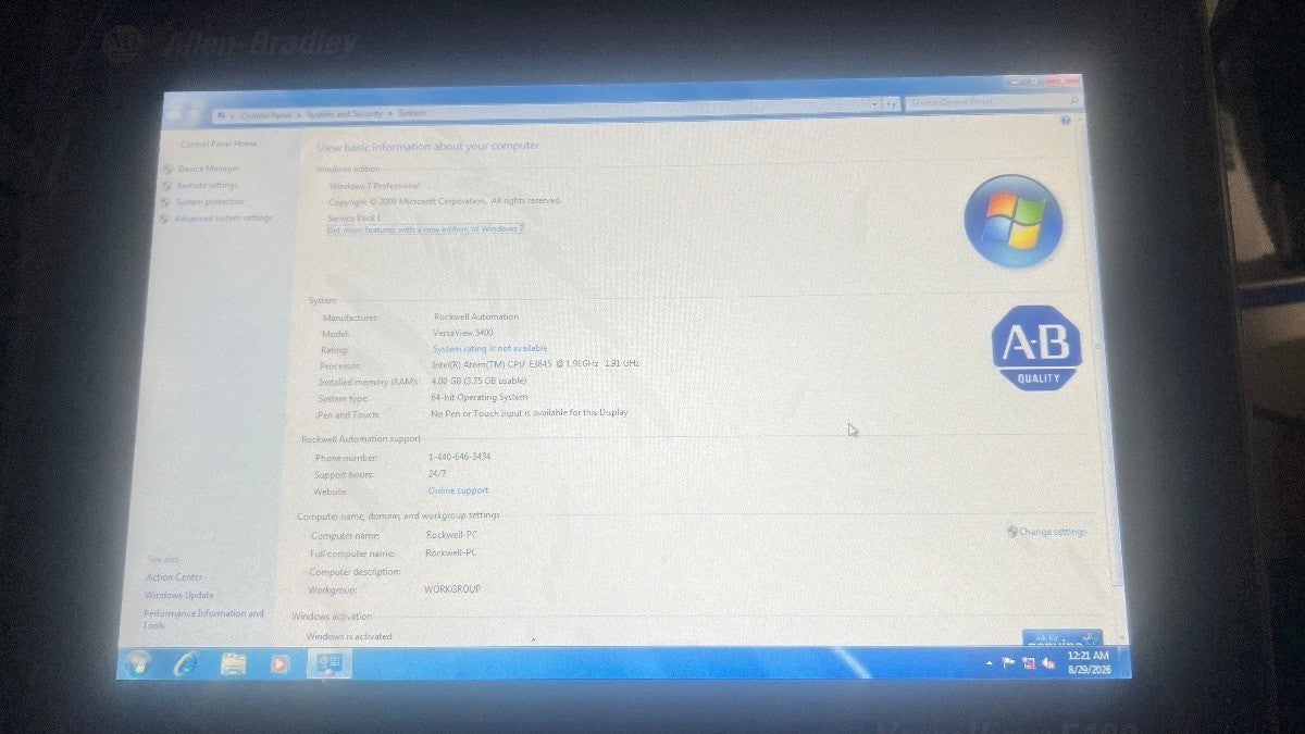 Allen Bradley 6200P-12WS3A1 /A VersaView 12.1in PC + Monitor 1060-7957 Windows 7