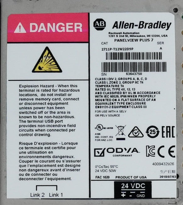 Allen Bradley 2711P-T12W22D9P /A PanelView Plus 7 Display 2711PT12W22D9P Refurb