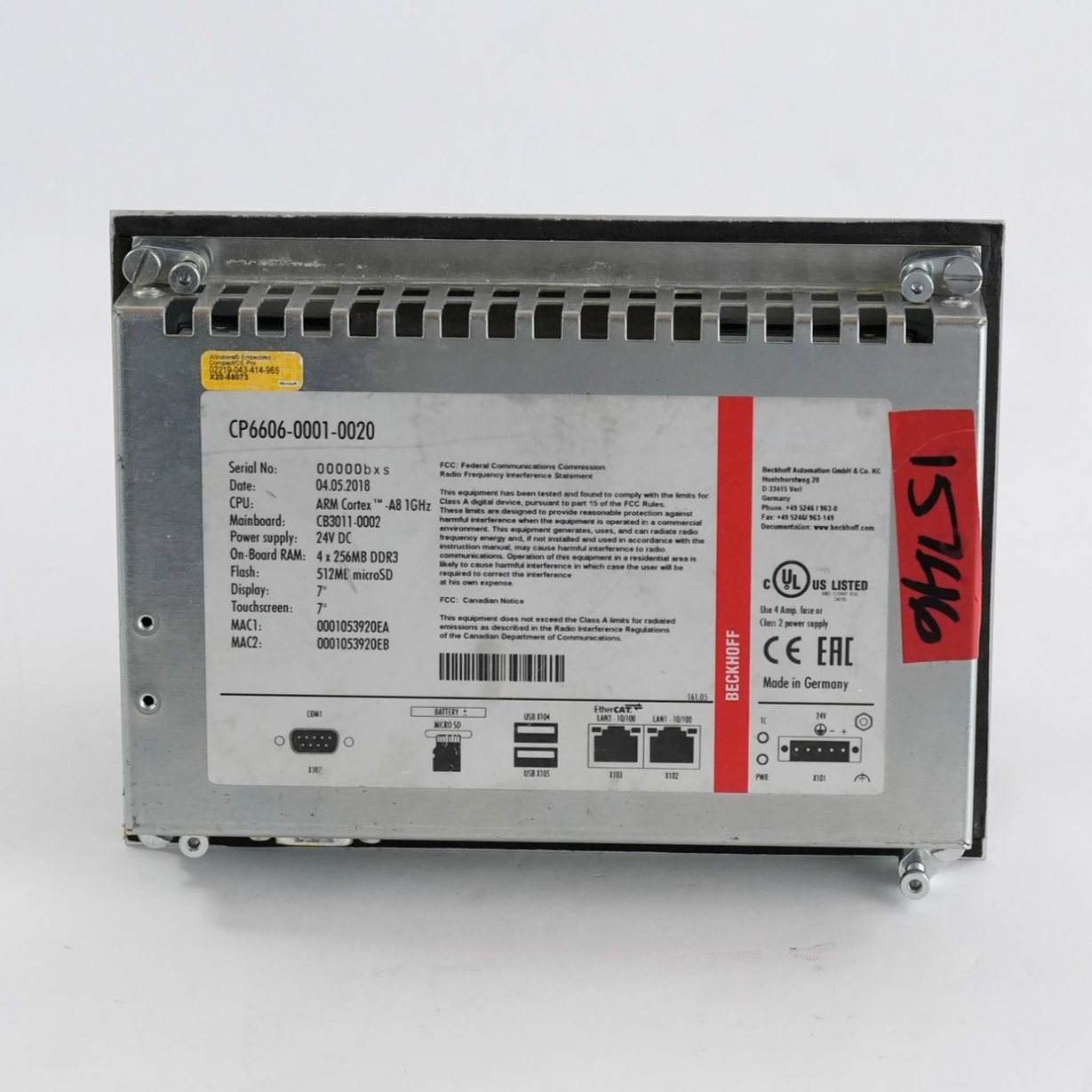 Beckhoff CP6606-0001-0020 HMI Built-In Panel PC Touch Screen 7" 2018 24VDC