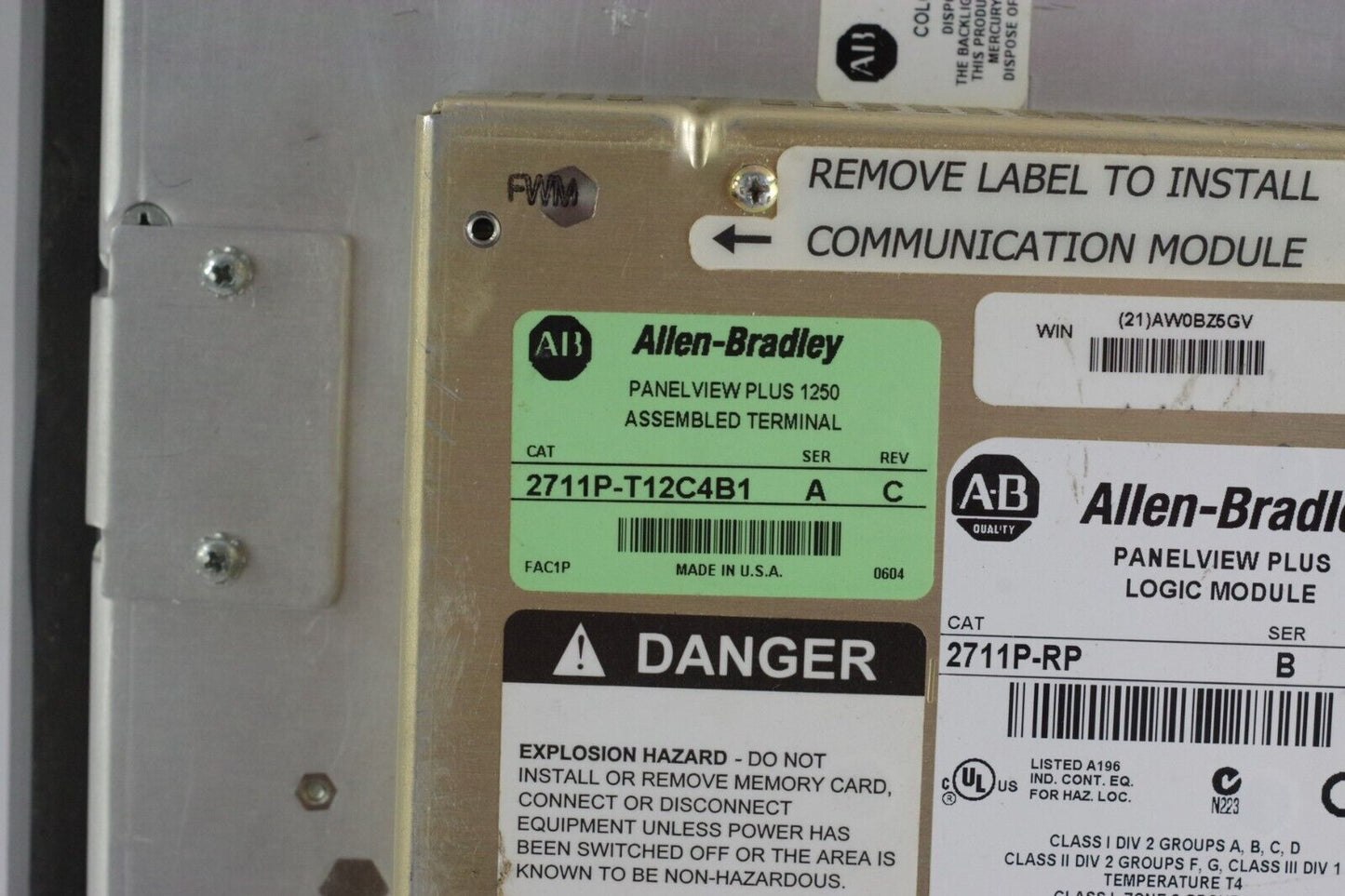 Allen Bradley 2711P-T12C4B1 Ser A PanelView Plus 1250 w/ 2711P-RP/B Logic Module