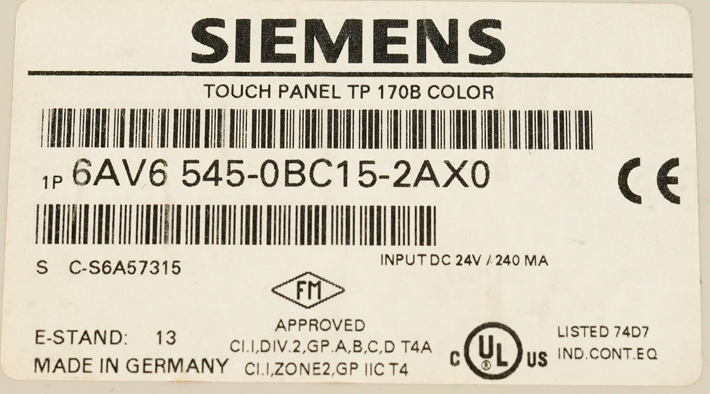 Siemens 6AV6545-0BC15-2AX0 Touch Panel TP 170B Color Display 24V