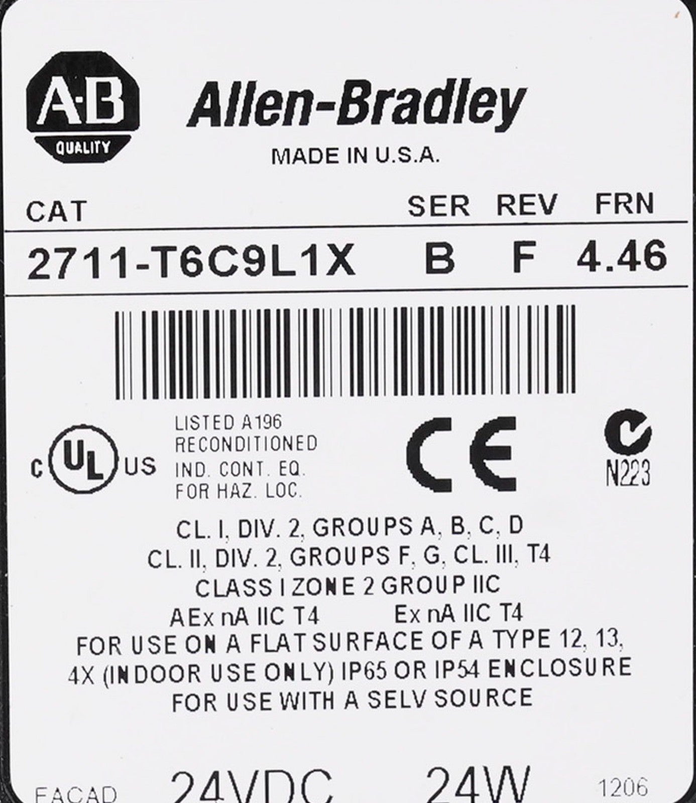 Allen Bradley 2711-T6C9L1 /B PanelView 600 HMI 2711-T6C9L1X Lightly Used