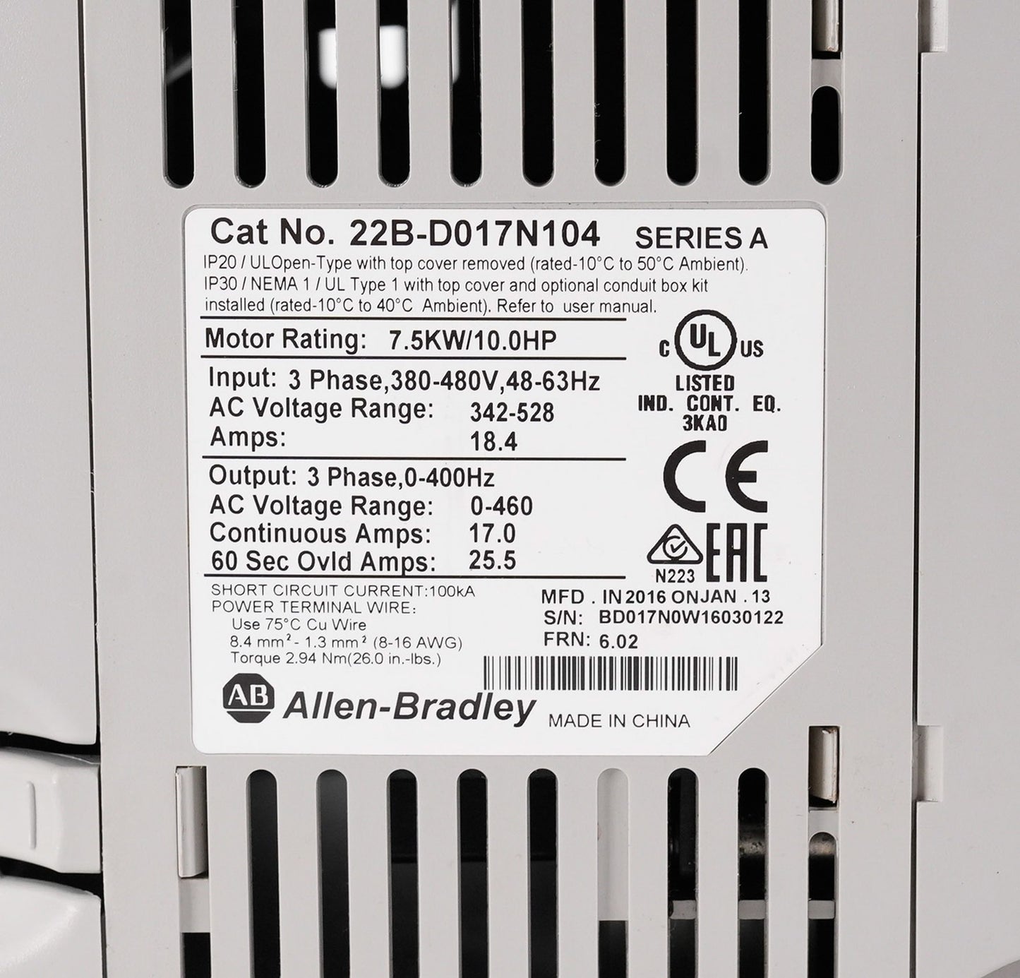 Allen Bradley 22B-D017N104 /A PowerFlex 40 AC Drive 480V - Without Original Box