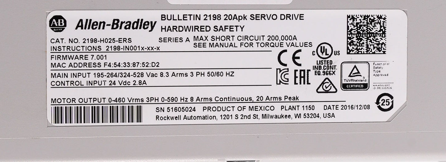 Allen Bradley 2198-H025-ERS /A Kinetix 5500 Servo Drive 3-Phase - Refurbished