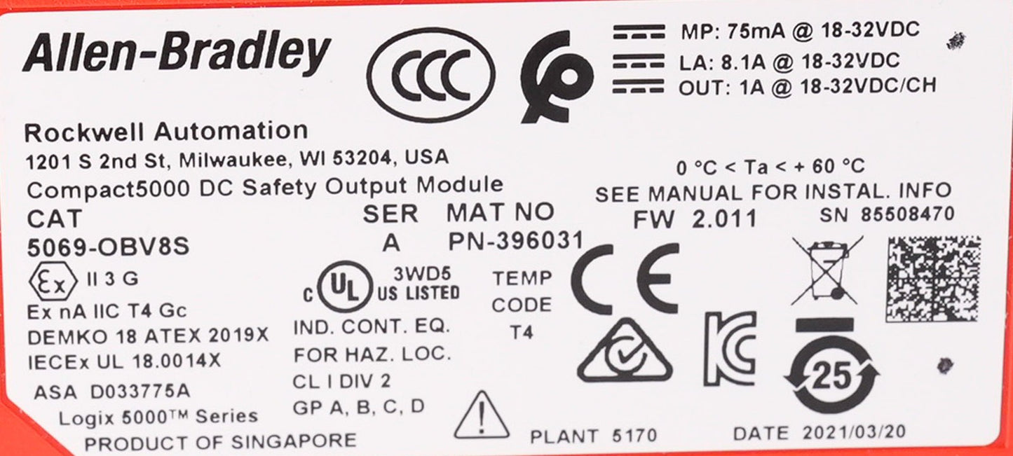 Allen Bradley 5069-OBV8S /A Compact 5000 DC Safety Output Module 5069OBV8S