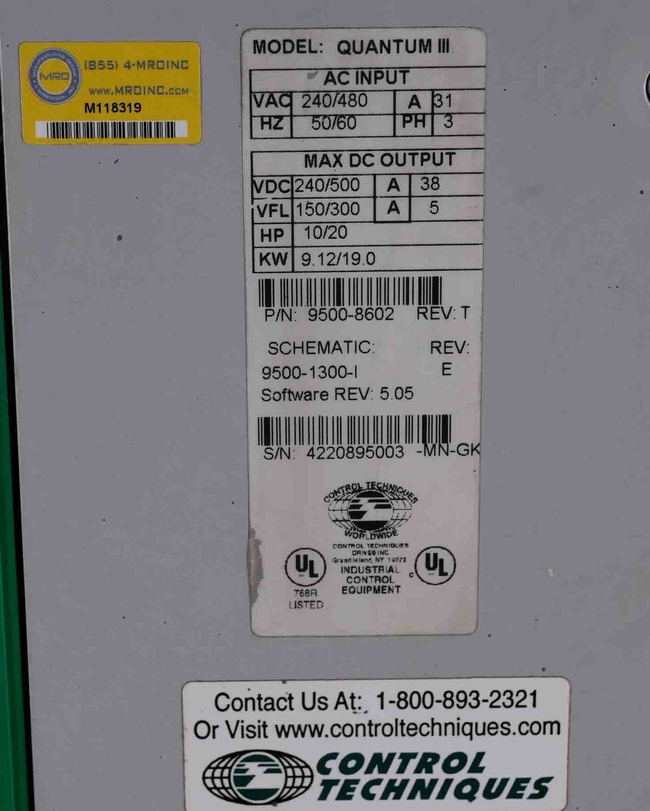 Emerson / Control Techniques 9500-8602 Quantum III DC Drive 480V 3ph 31A 10/20HP