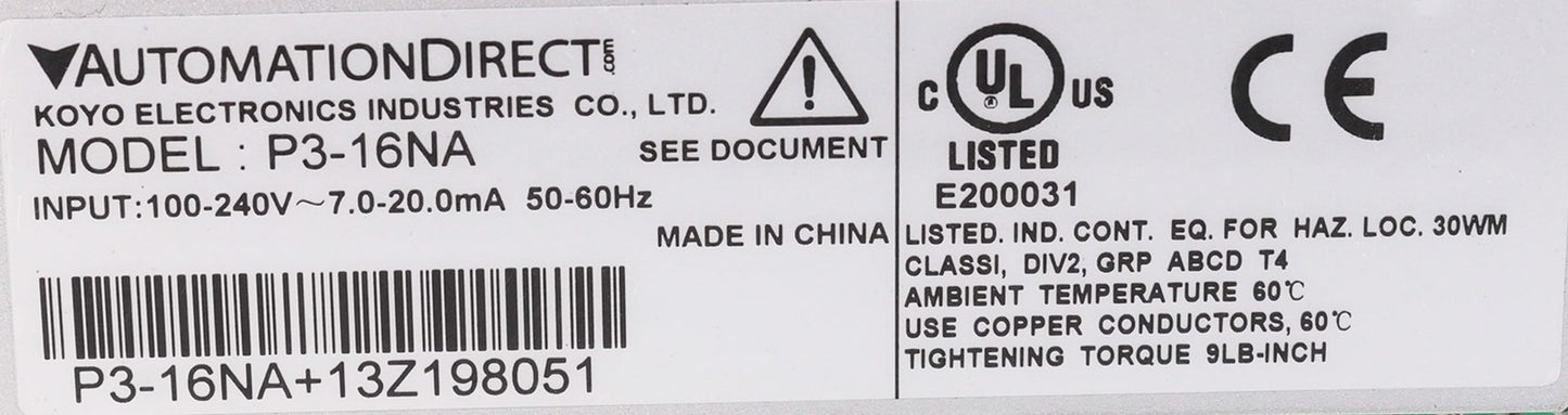 AutomationDirect Productivity3000 P3-16NA 16-Point Input Module P316NA