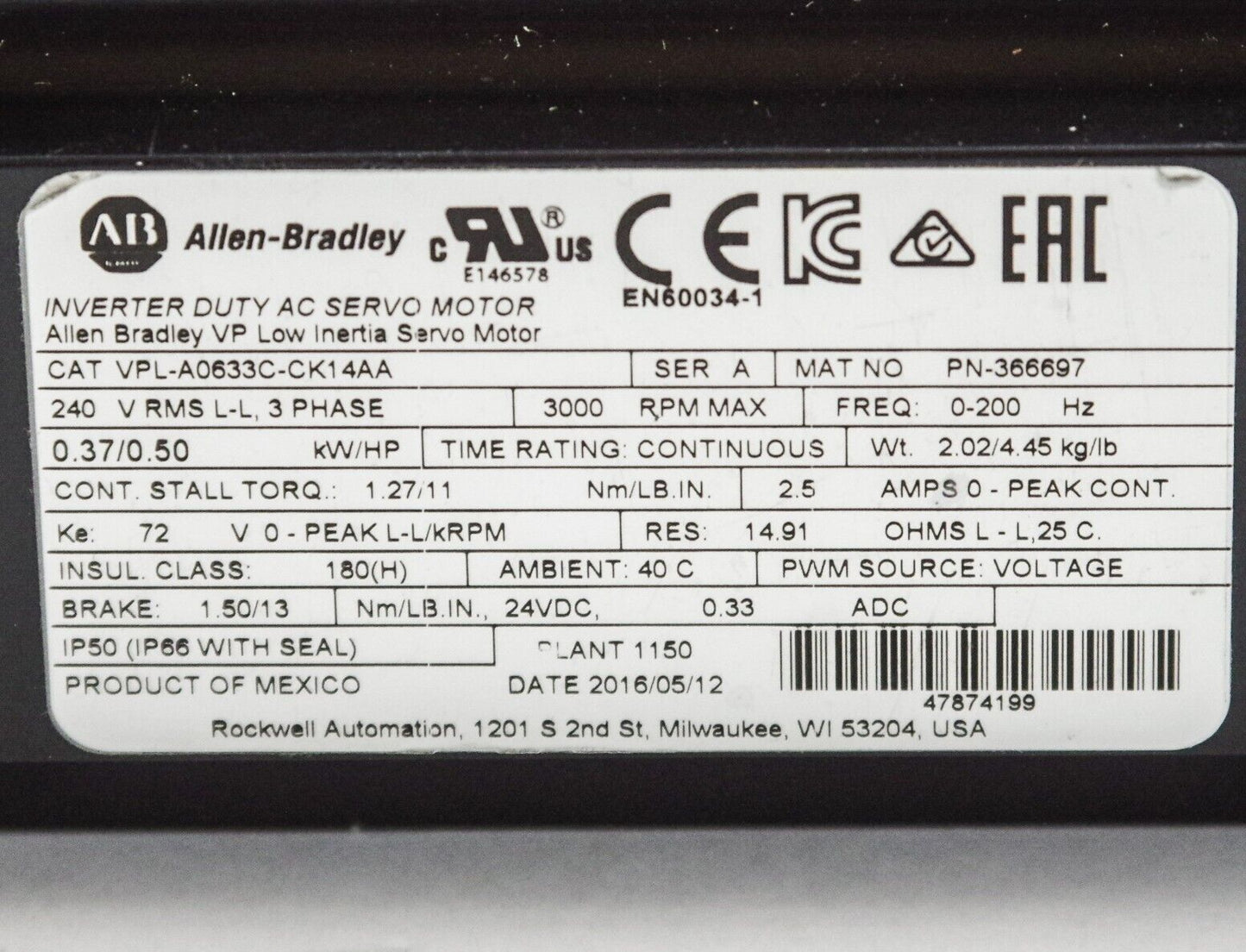 Allen Bradley VPL-A0633C-CK14AA Servo Motor, Low Inertia, 240VAC, 63mm - No Box