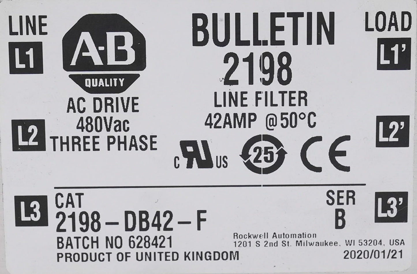 Allen Bradley 2198-DB42-F /B Bulletin 2198 Line Filter 42Amp 2198DB42F