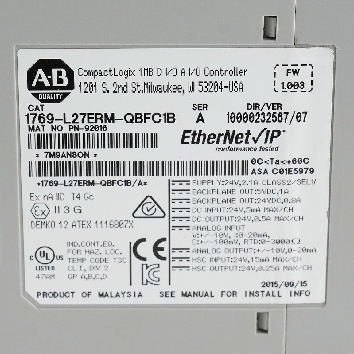 Allen Bradley 1769-L27ERM-QBFC1B /A CompactLogix 5370 L2 Controller + 1769-ECR