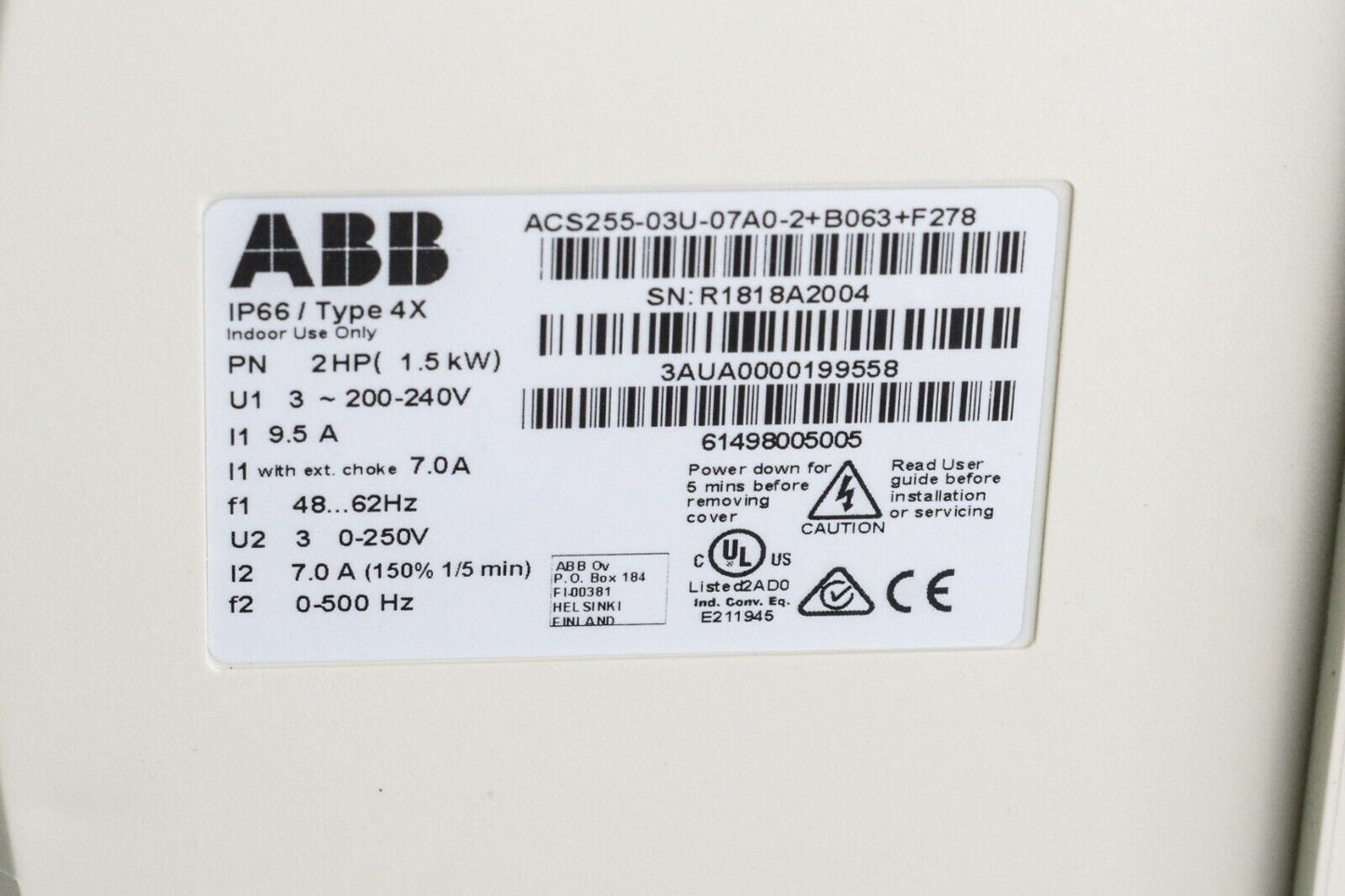 ABB ACS255-03U-07A0-2+B063+F278 ACS255 AC Drive 3-240V 2HP 17A 4x/IP66 - No Box