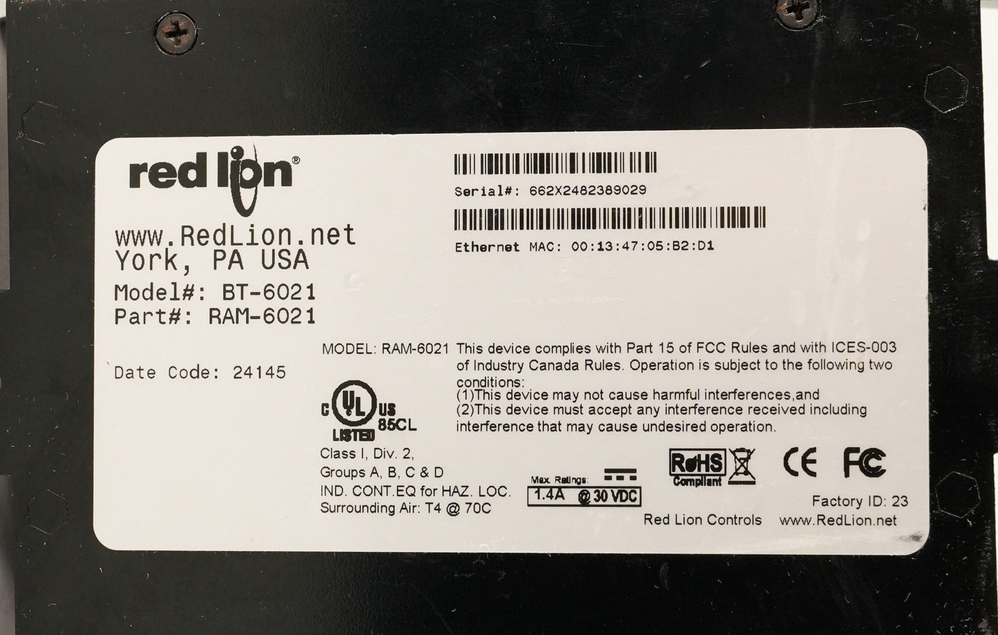 Red Lion BT-6021 Sixnet Industrial Wired Router RAM-6021 BT6021