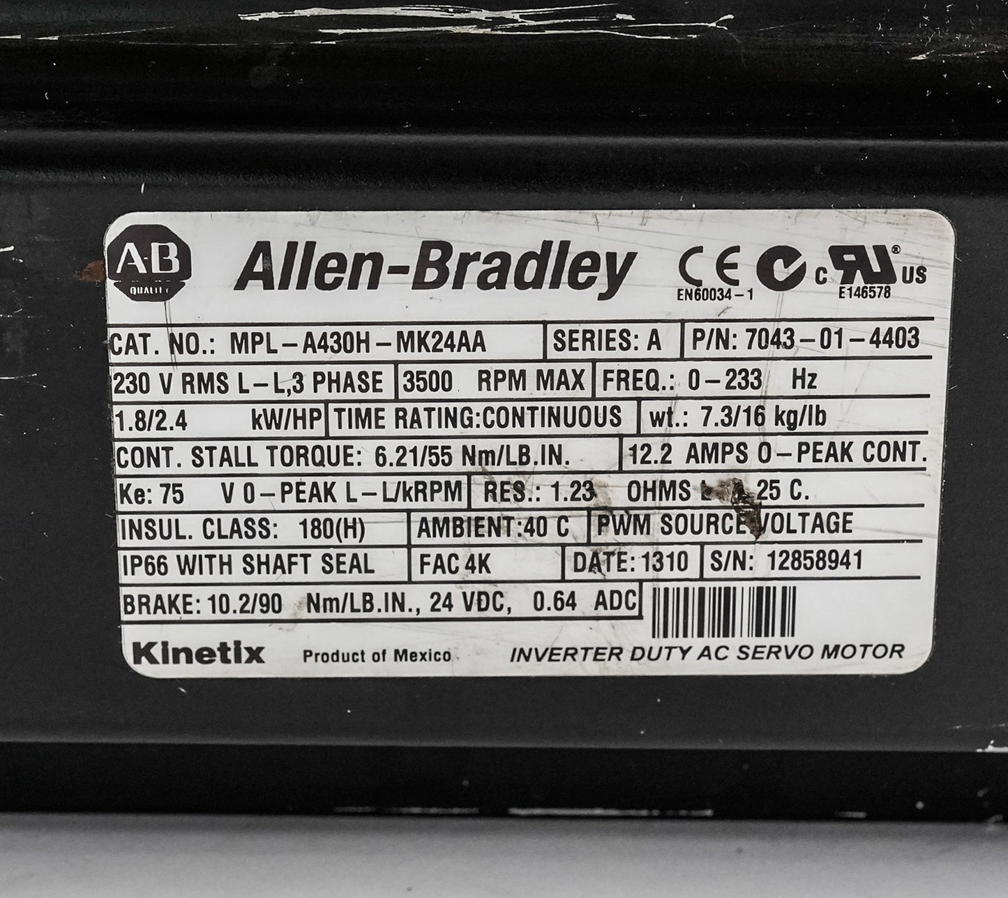 Allen Bradley MPL-A430H-MK24AA /A 3-Phase Servo Motor MPLA430HMK24AA