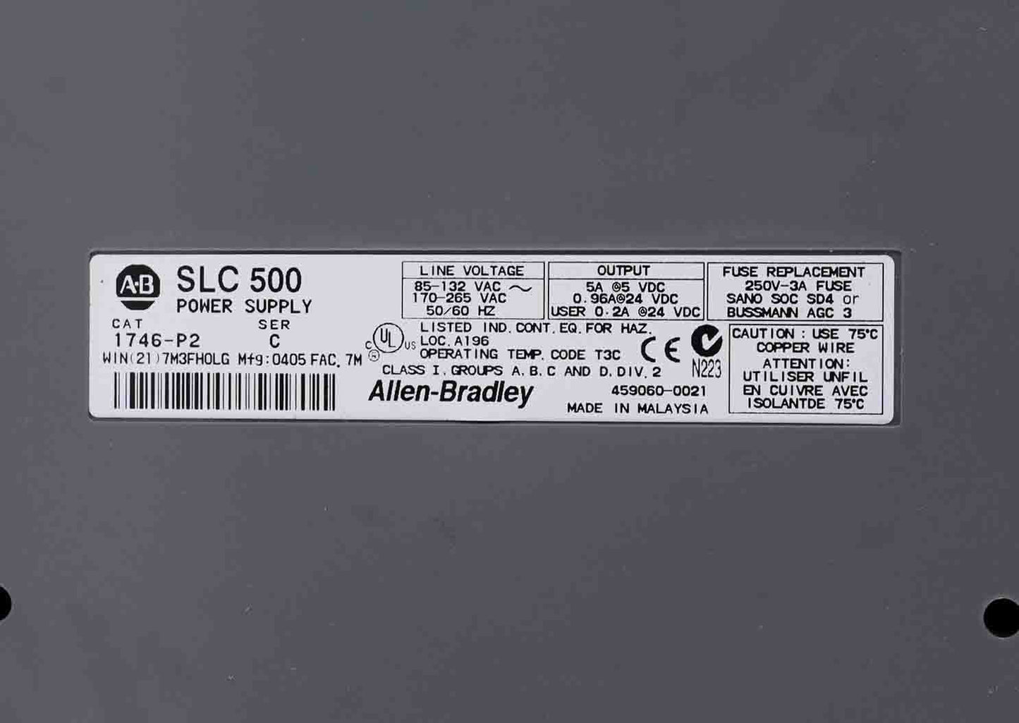 Allen Bradley 1746-P2 Series C SLC 500 Power Supply 1746P2 w/ Cover