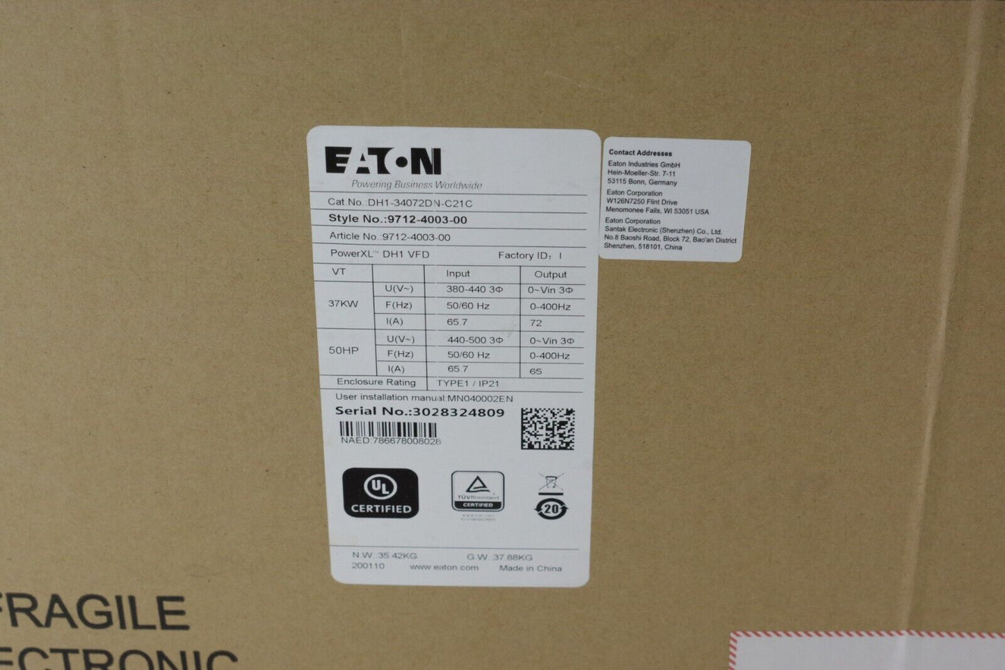 Eaton DH1-34072DN-C21C PowerXL DH1 Variable Frequency Drive 72A 50HP - Open Box