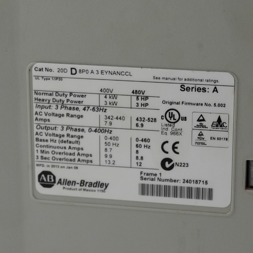 Allen Bradley 20DD8P0A3EYNANCCL /A PowerFlex 70S 3-Phase 480V Drive 5Hp