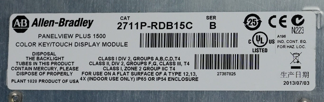 Allen Bradley 2711P-B15C4D9 PanelView Plus 1500 RP9D Logic Module New Old Stock