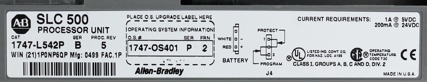 Allen Bradley 1747-L542P /B SLC 500 CPU Processor Unit w/ 1747-OS401 /P