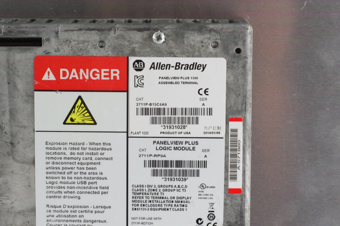 Allen Bradley 2711P-B15C4A9 /A PanelView Plus 1500 w/ 2711P-RP9A - Refurbished