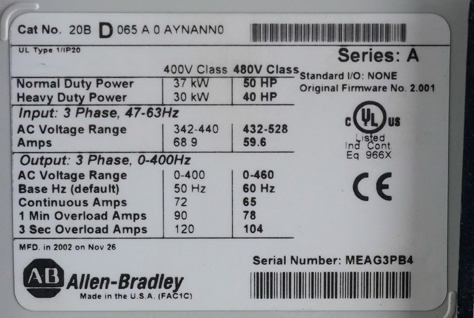 Allen Bradley 20BD065A0AYNANN0 /A Powerflex 700 3-Phase AC Drive + Warranty