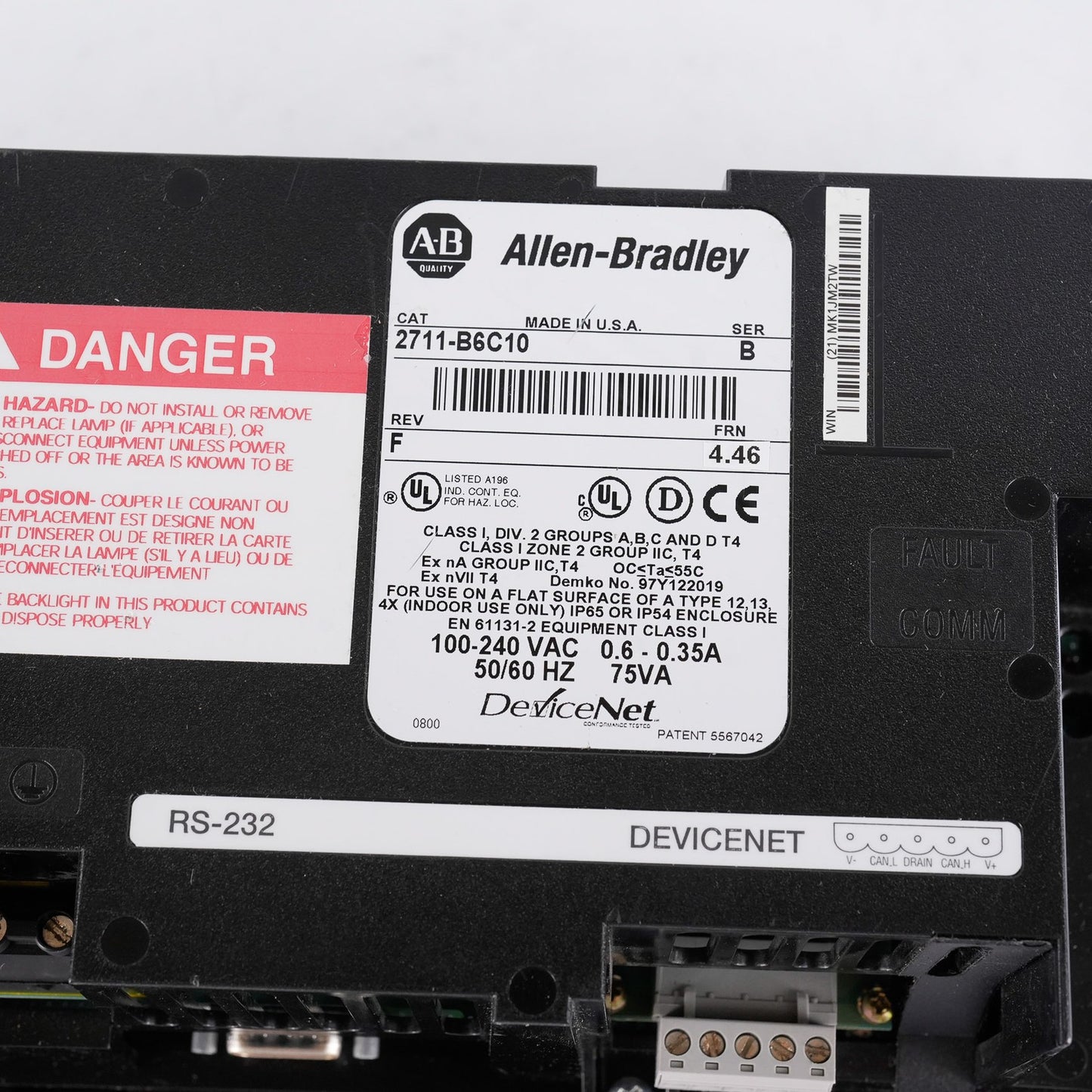 Allen Bradley 2711-B6C10 /B Rev F FRN 4.46 PanelView 600 Display Terminal