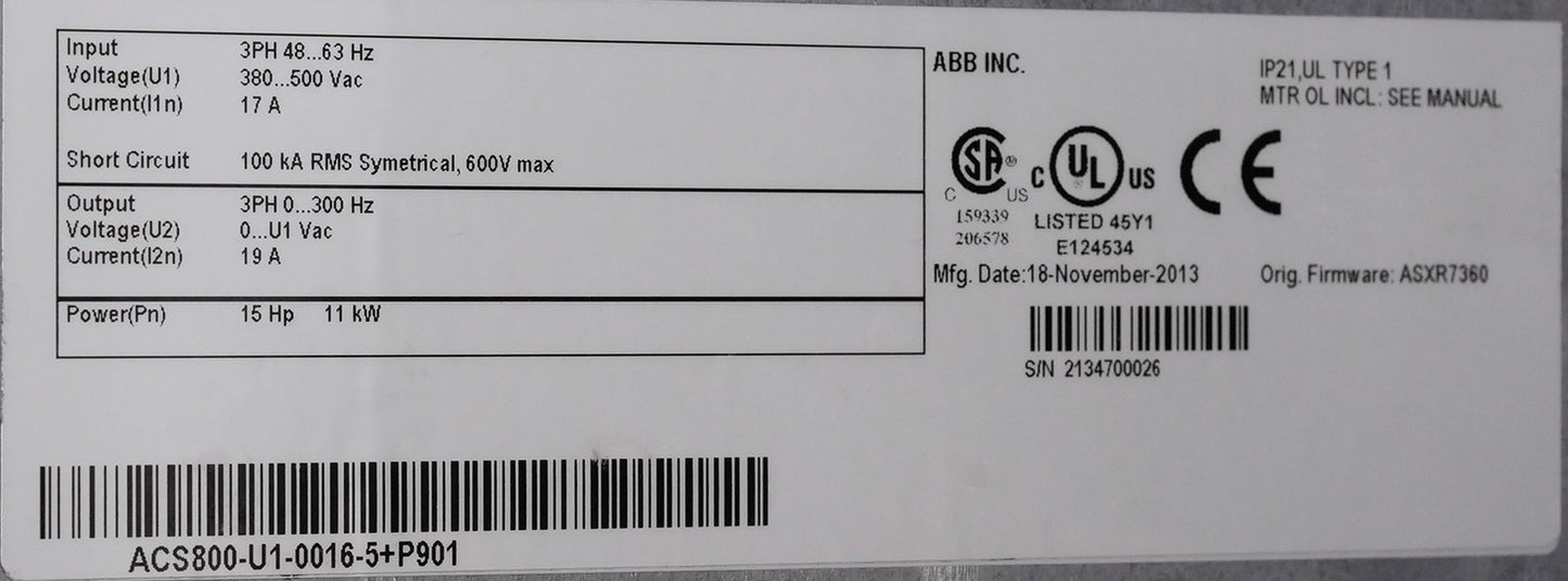 ABB ACS800-U1-0016-5+P901 Variable Frequency Drive 3-Phase ACS800U100165P901