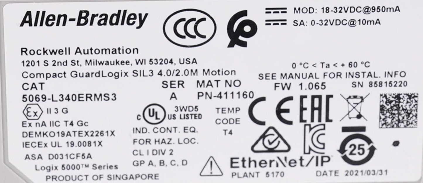 Allen Bradley 5069-L340ERMS3 /A Compact GuardLogix 5380 SIL3 Safety Controller