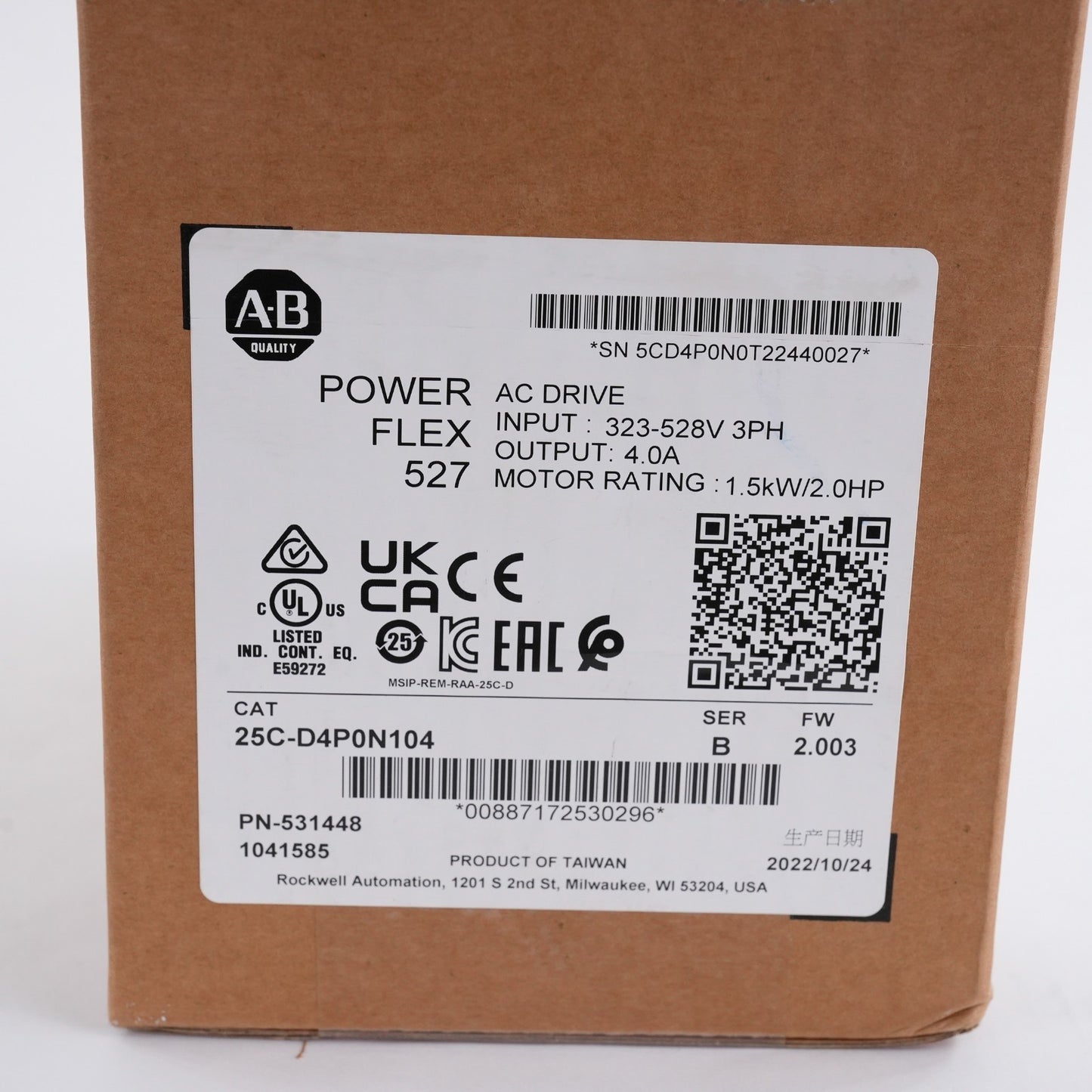 Allen Bradley 25C-D4P0N104 /B PowerFlex 527 AC Drive - Sealed Surplus