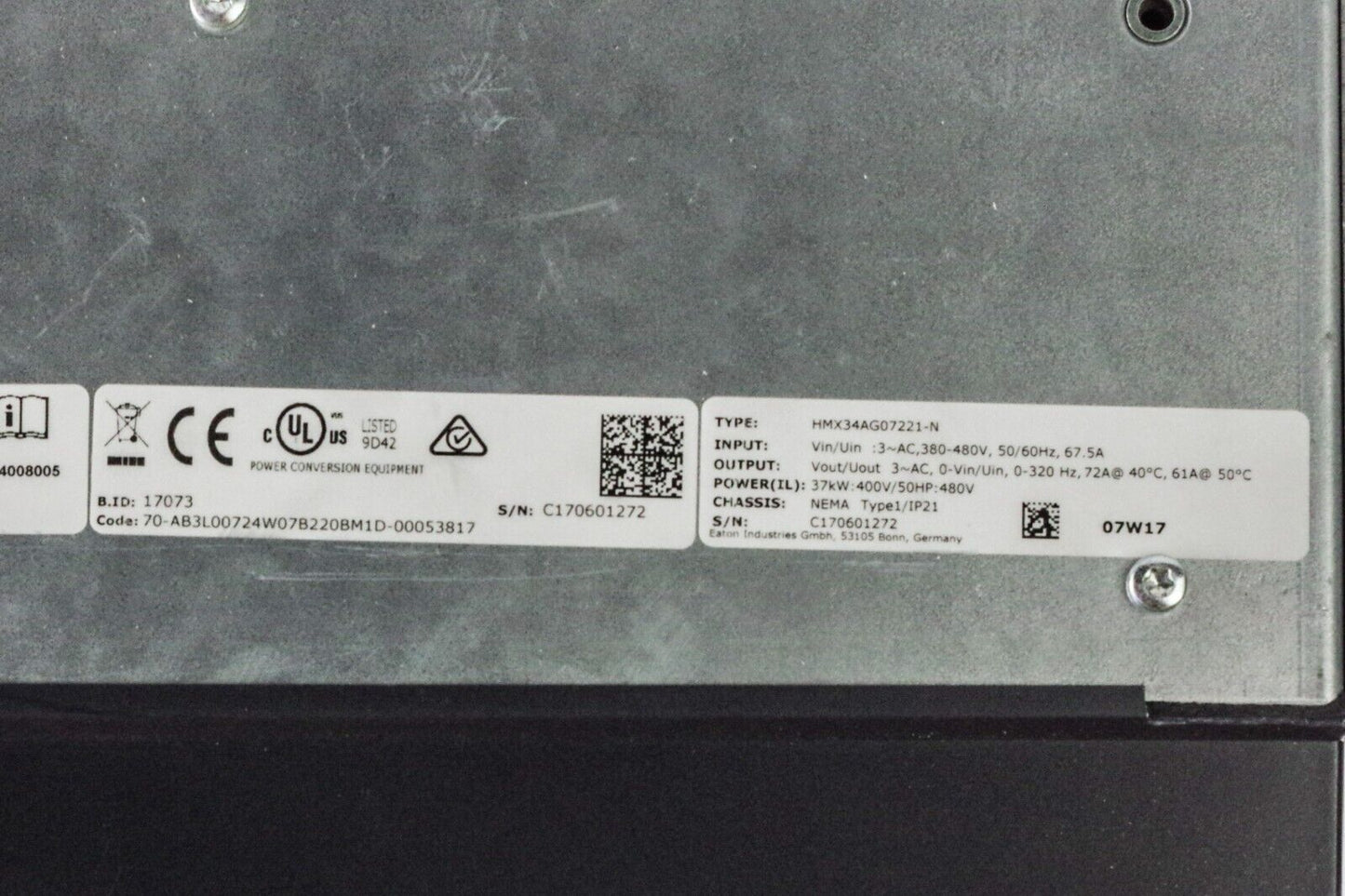 Eaton Cutler Hammer HMX34AG07221-N 50HP Drive H-Max 380-480V Variable VFD 72 A