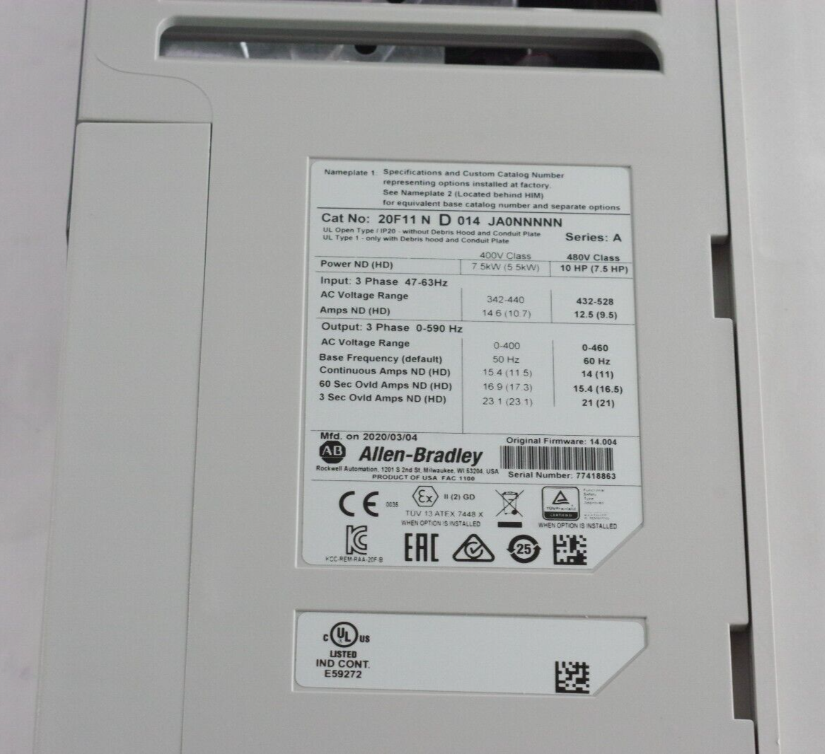 Allen Bradley 20F11ND014JA0NNNNN PowerFlex Air Cooled 753 Drive 10hp - Installed