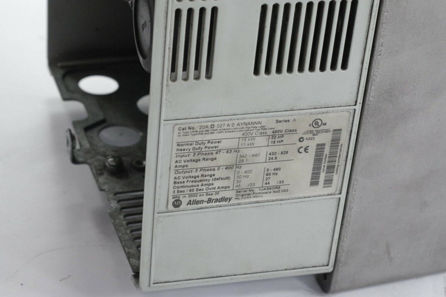 Allen Bradley PowerFlex 70 VFD 20AD027A0AYNANN 20A-D-027-A-0-AYNANN0 20 HP 480V